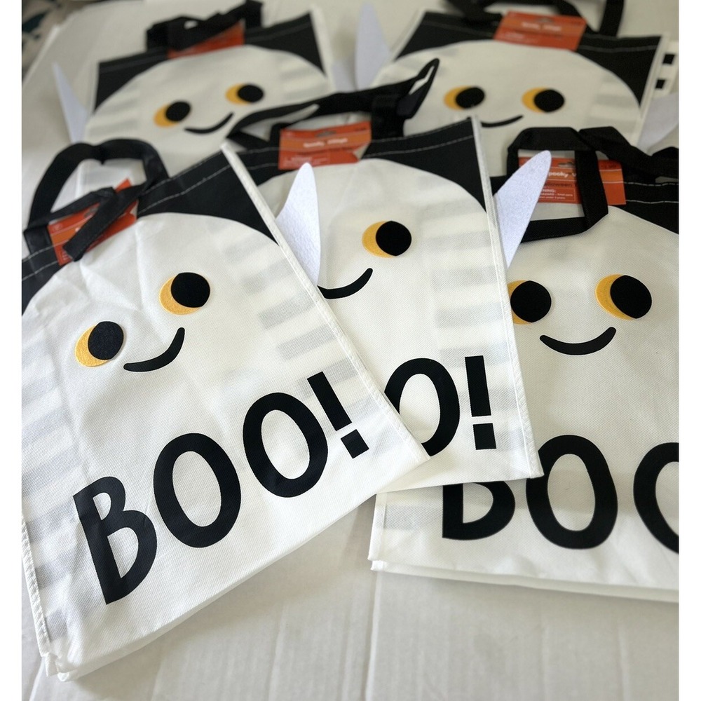 Trick or Treat Candy Bags Totes Halloween Fabric Ghost‎ Large Lot of 5 New White
